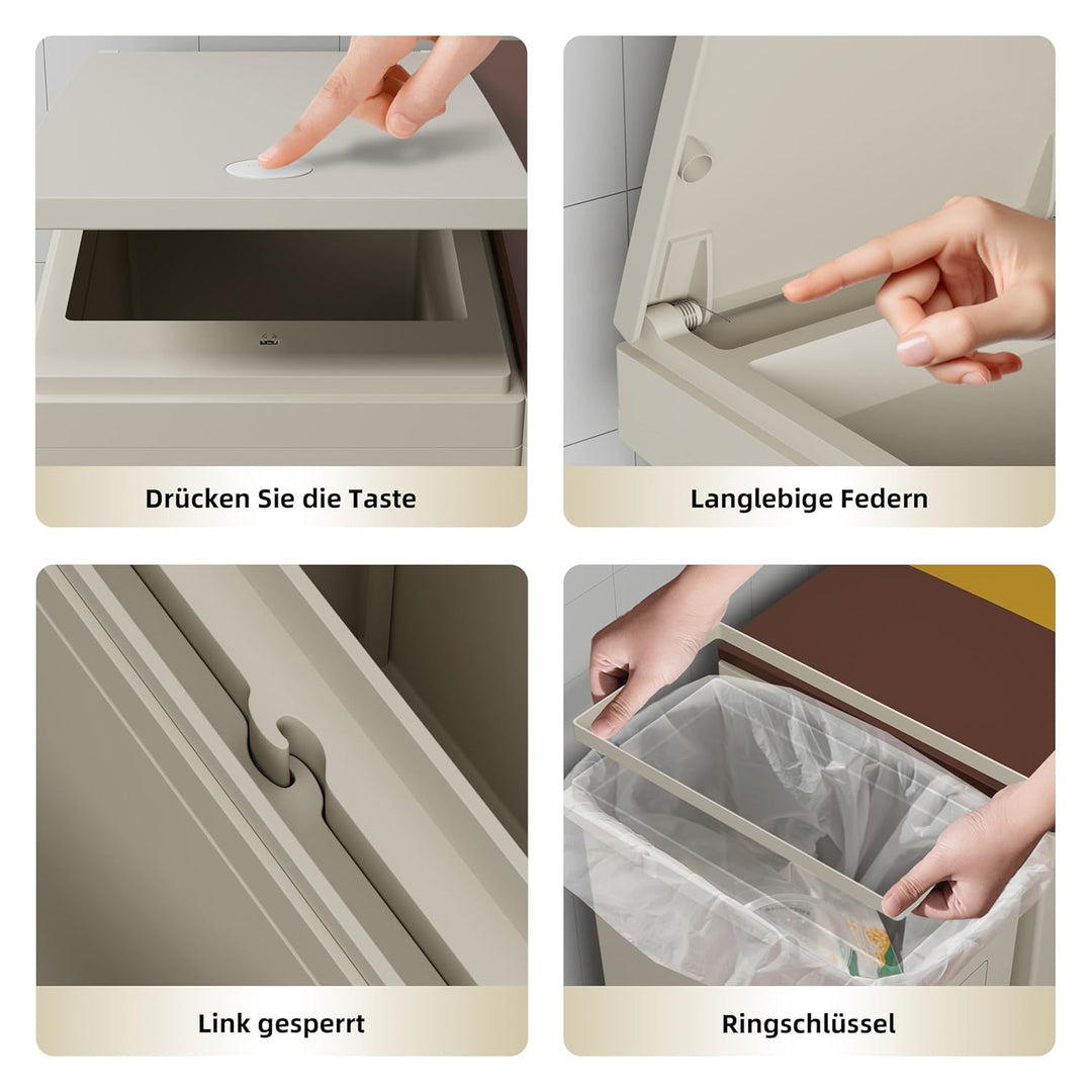 3-er Mülleimer-Set Küche Mülltrennsystem 3x Mülleimer mit Deckel, 3 X 12L, herausnehmbare Recycling-