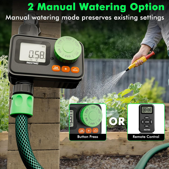 RESTMO RF-Fernbedienbarer Bewässerungscomputer, Wasserzeitschaltuhr für Aussenwasserhahn, automatisc