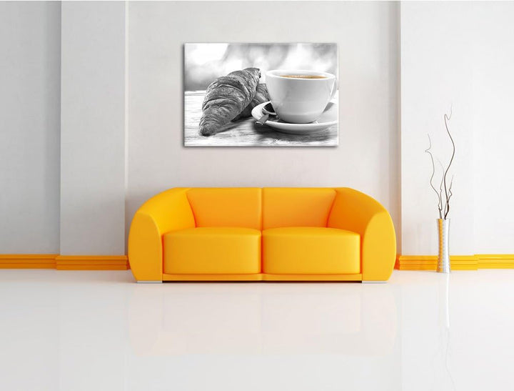 Croissants und Kaffee schwarz/weiss Format: 100x70 auf Leinwand, XXL riesige Bilder fertig gerahmt m