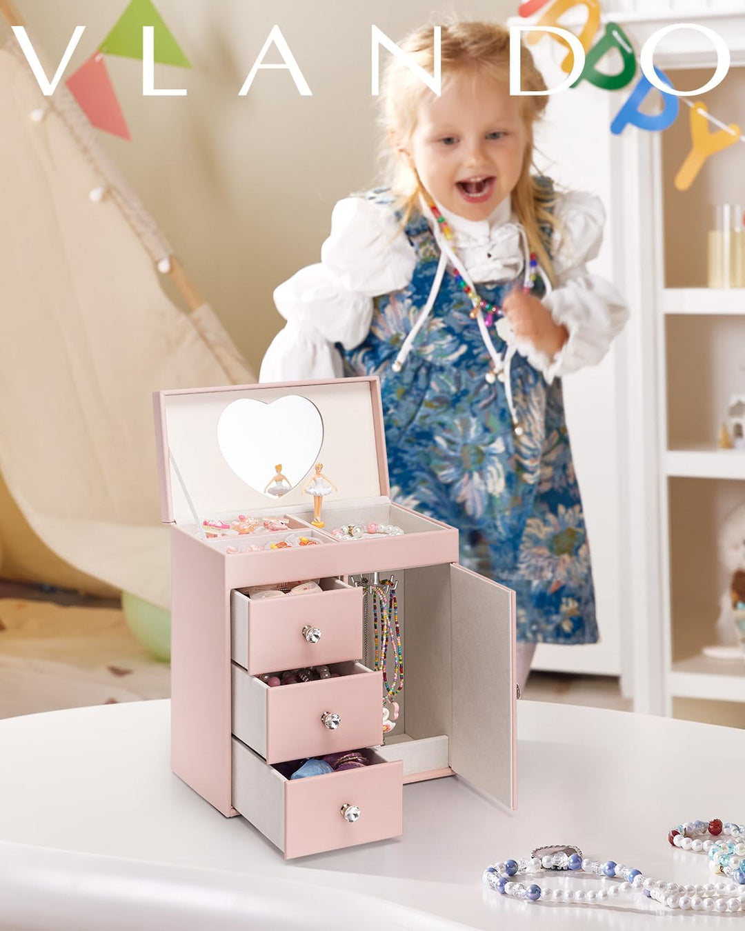 VLANDO Musical Schmuckkästchen Mädchen, grosses Kind Musik-Box mit Ballerina für Geburtstag Schlafzi