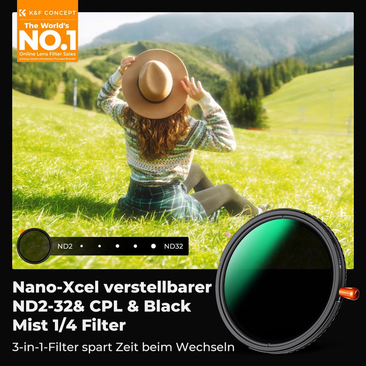 K&amp;F CONCEPT 62mm Variabler ND2-ND32 &amp; Polfilter &amp; Black Mist 1/4 Filter, 62mm