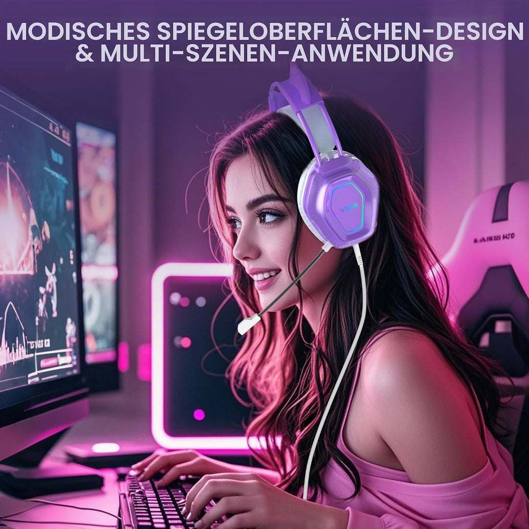 Wantak Katzenohr Kopfhörer mit Mikrofon – Kabel (3,5mm/USB) – Gaming Headset für PC/PS5/Xbox – Noise