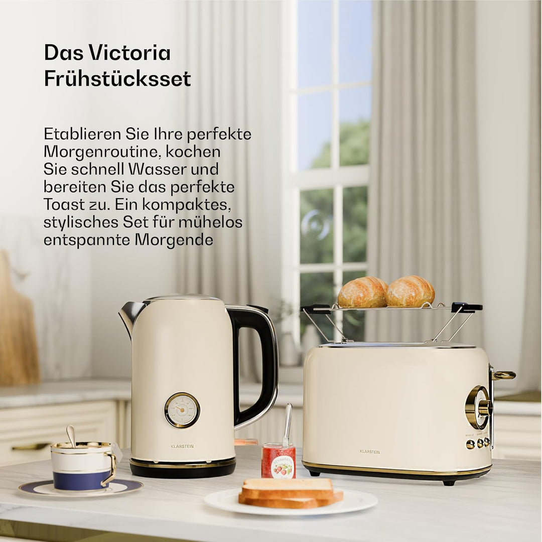 Klarstein Victoria Toaster Wasserkocher Set, Retro Design, 2 Scheiben Toaster mit 7 Bräunungsstufen