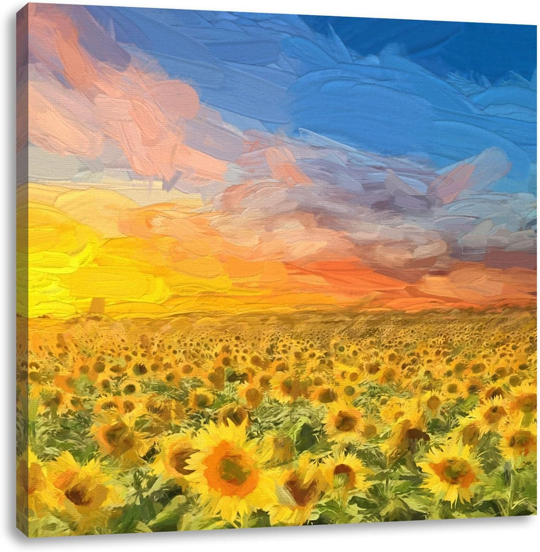 Pixxprint Sonnenblumenfeld / 70x70cm Leinwandbild bespannt auf Holzrahmen/Wandbild Kunstdruck Dekora