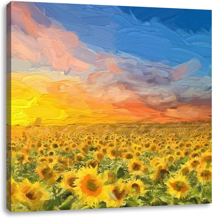 Pixxprint Sonnenblumenfeld / 70x70cm Leinwandbild bespannt auf Holzrahmen/Wandbild Kunstdruck Dekora