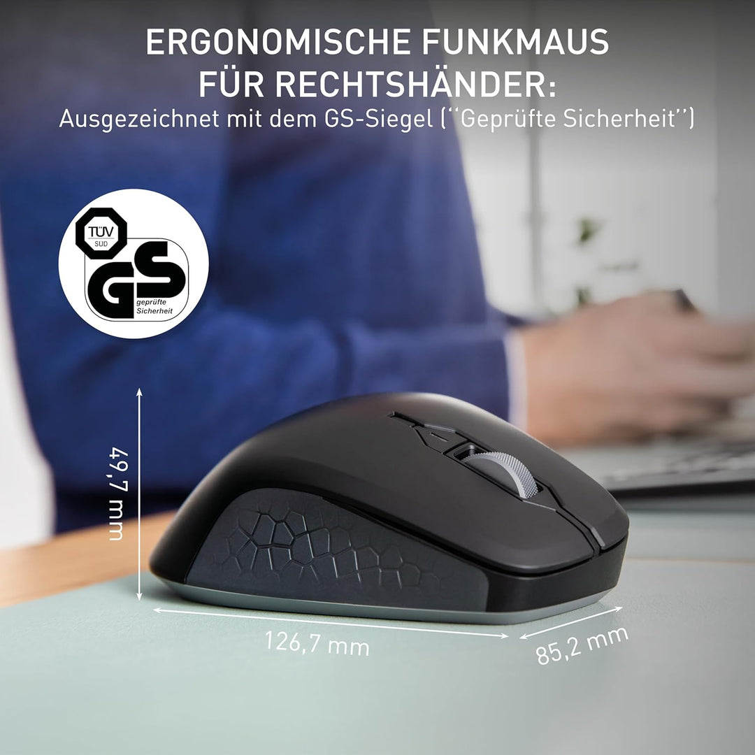 CHERRY STREAM MOUSE COMFORT, Kabellose Ergonomische Maus mit Gummierter Daumenauflage, Speziell für