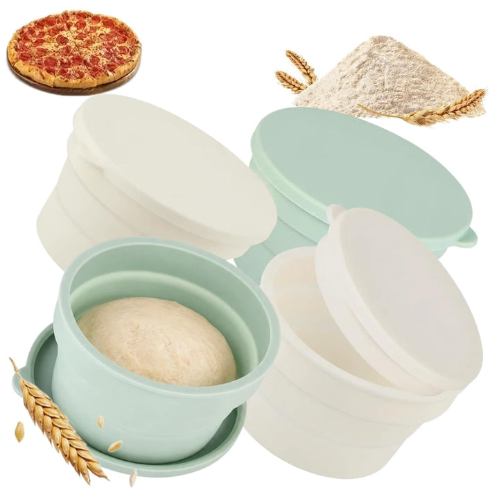4er Zusammenklappbarer Gärkorb für Brot &amp; Pizza mit Deckel – Silikon-Teigling-Box zum Backen und Geh