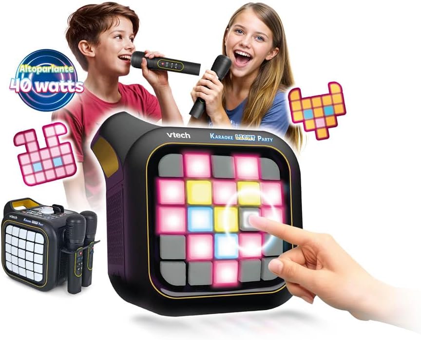 VTech Karaoke Light Party, Mikrofon für Kinder für Karaoke mit Lautsprecher, 2 kabellose Mikrofone,