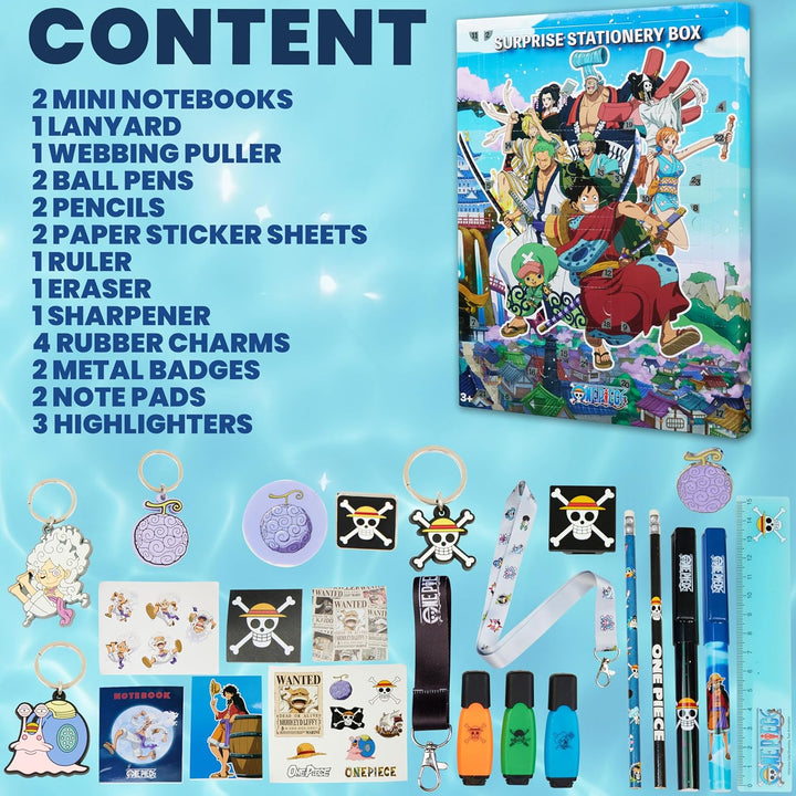 One Piece Adventskalender 2025 Kinder Weinachtskalender mit Sticker, Schreibwaren, Schlüsselanhänger