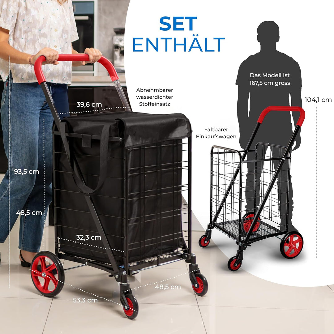SereneLife Einkaufswagen, Einkaufstrolley Klappbar, Shopping Cart mit 50L Kapazität, Einkaufstrolley