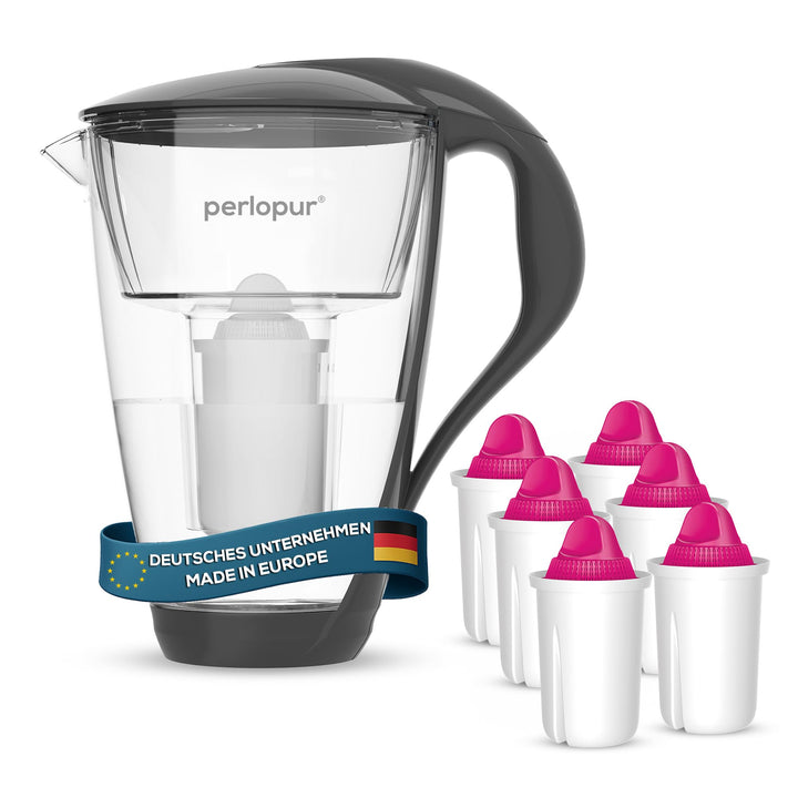 GLAS-Wasserfilter PearlCo (anthrazit) mit 6 Magnesium classic Filterkartuschen - Made in EU Anthrazi