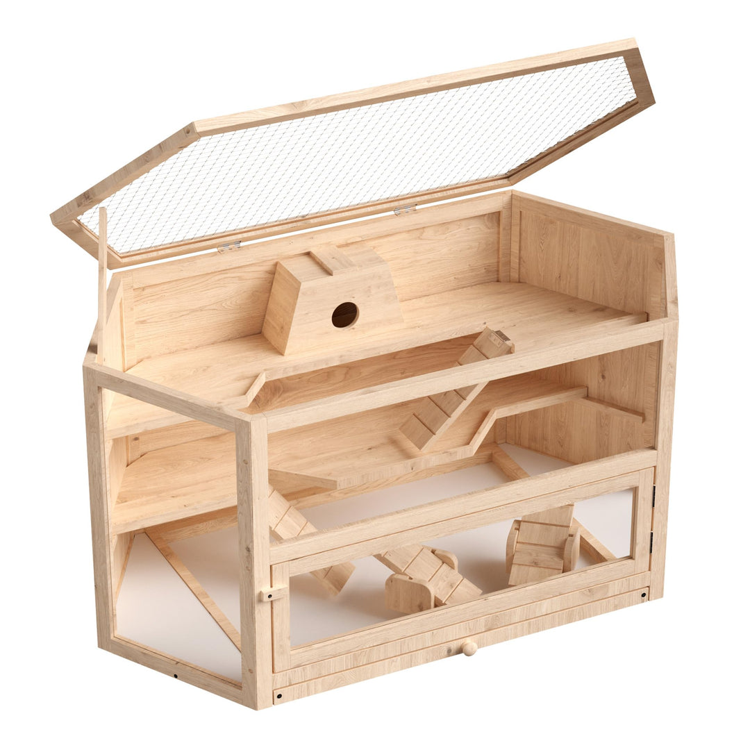 Wiltec XXL 3 Etagen Nagerkäfig, 6-eckig, 1150 x 600 x 580 mm, aus Holz, mit klappbarem Deckel & Sich
