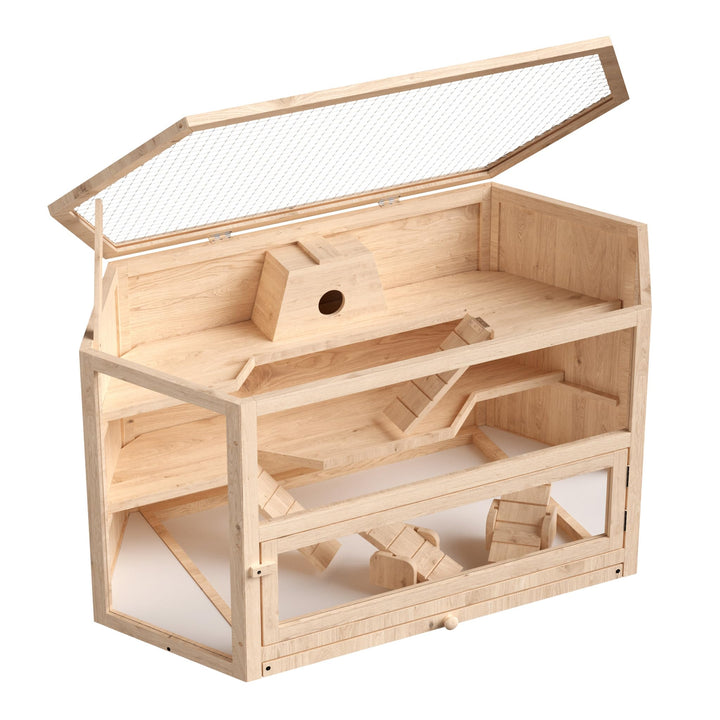 Wiltec XXL 3 Etagen Nagerkäfig, 6-eckig, 1150 x 600 x 580 mm, aus Holz, mit klappbarem Deckel & Sich