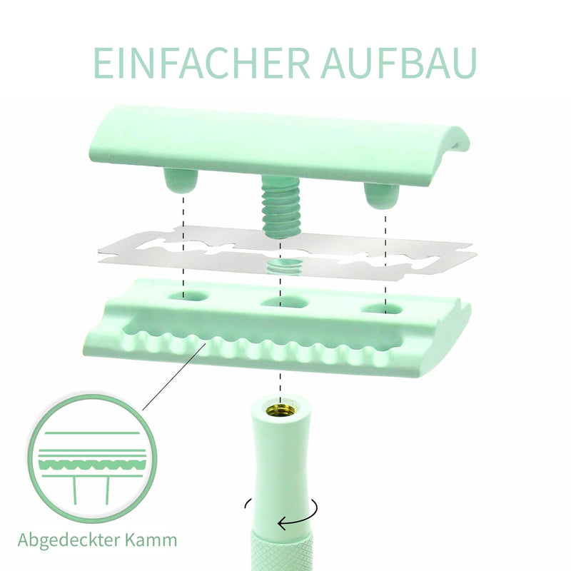 Bambaw Metall Rasierer Plastikfrei Mint-grün | Metall Rasierer Nachhaltig mit 5 Rasierklingen Rasier
