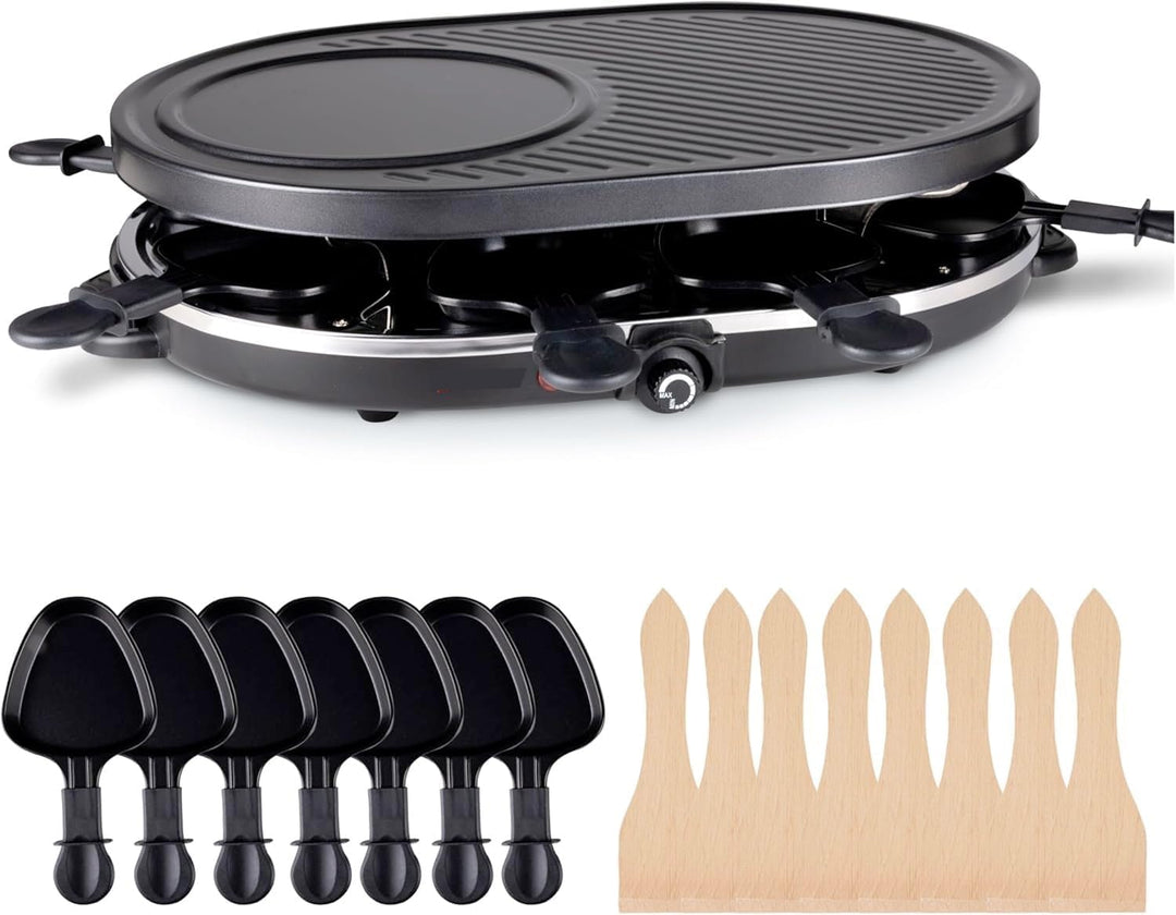 Raclette Set für 8x Personen - antihaftbeschichtet- Tischgrill inkl. Pfännchen & Schaber (Rund), Run