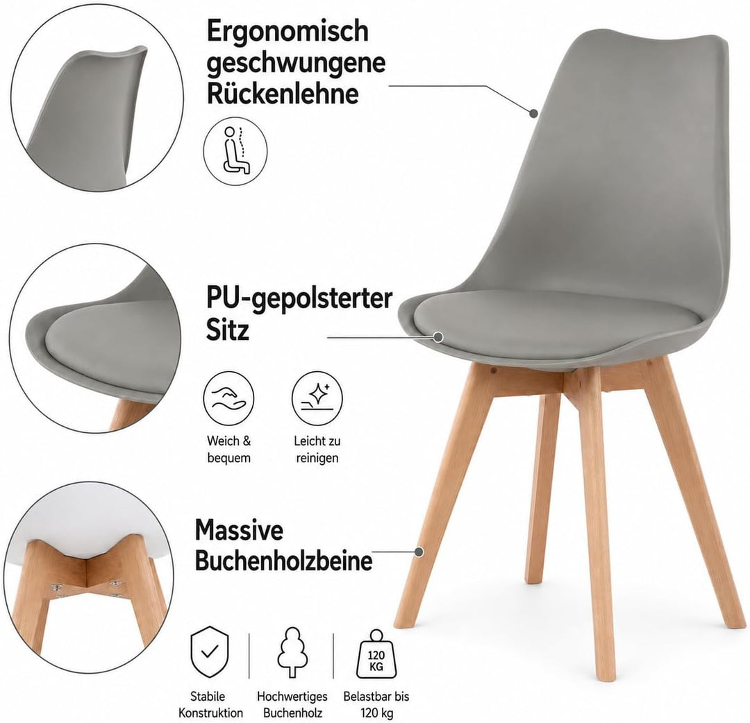 EGGREE 6er Set Esszimmerstühle mit Massivholz Buche Bein SGS Geprüfter, Retro Design Gepolsterter St