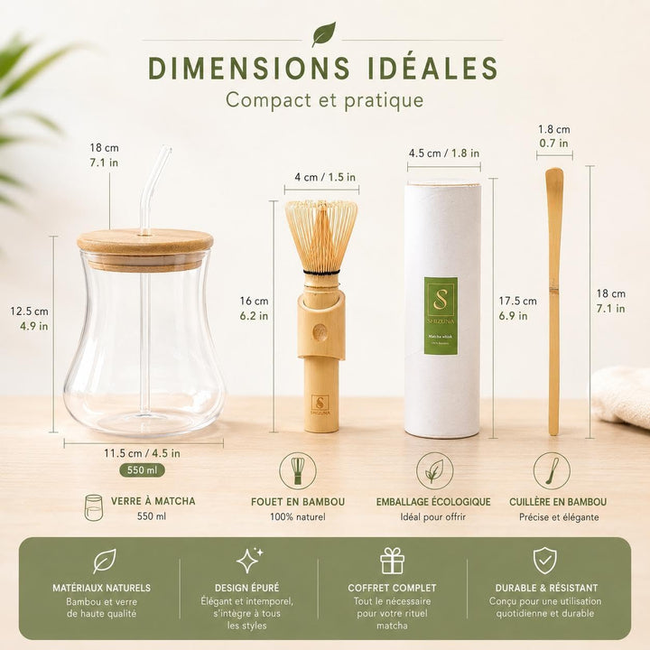 Matcha-Set aus Glas Matcha Latte, 550 ml, mit Deckel aus Bambus & Glasstrohhalm – Schneebesen aus na