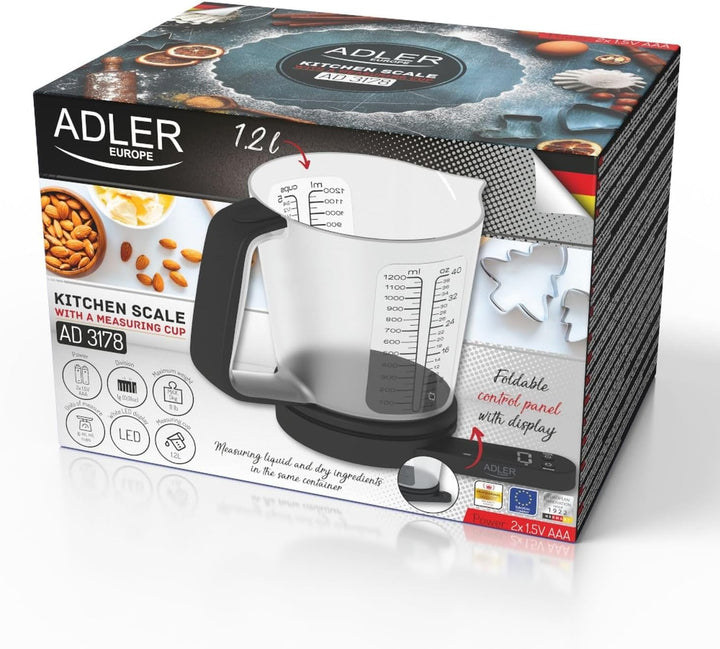 ADLER Küchenwaage mit Messbecher, 5kg Kapazität, weisses LED-Display