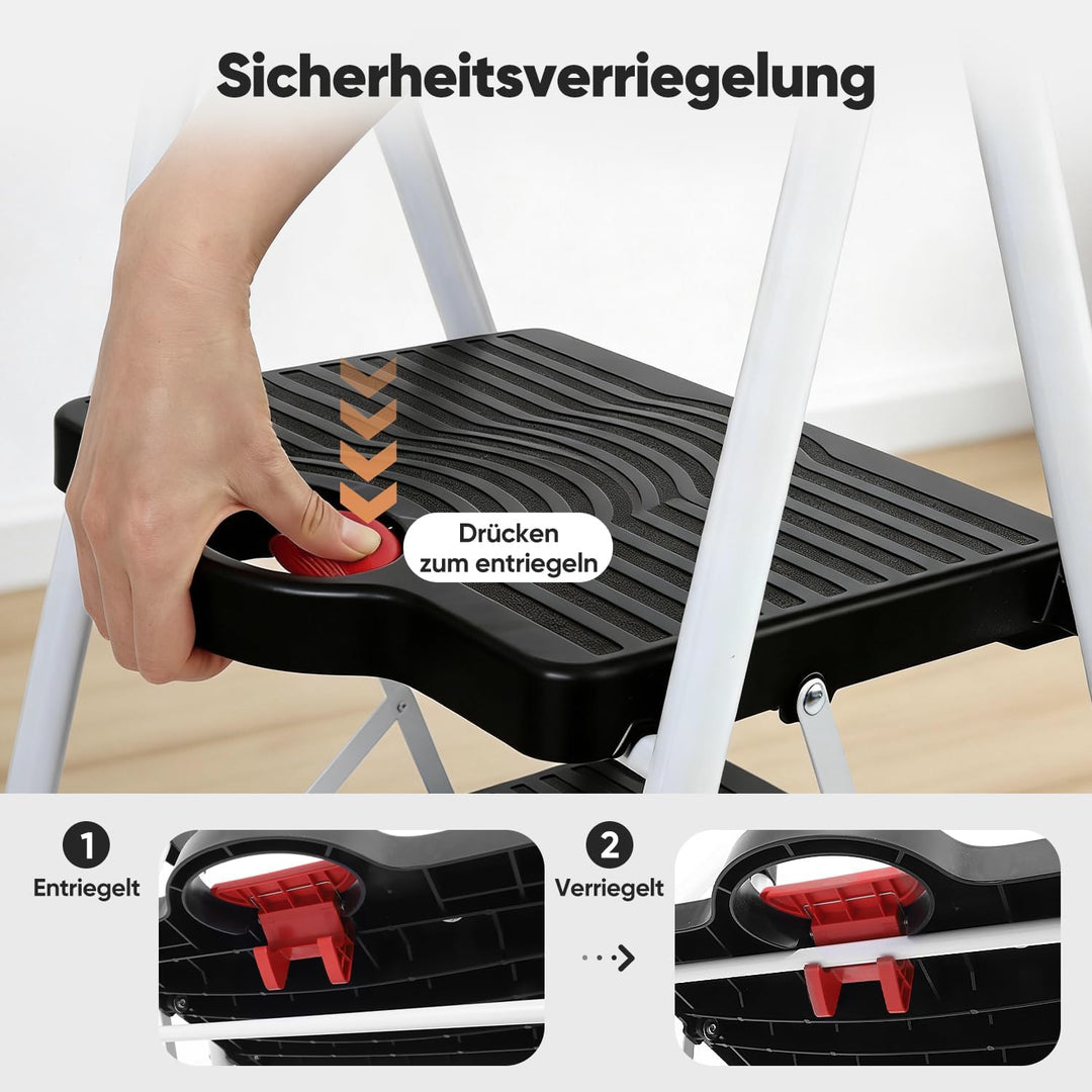Sekey Trittleiter Klappbar 2 Stufen, Haushaltsleiter mit Stahlrahmen, Breiter Rutschfester Kunststof
