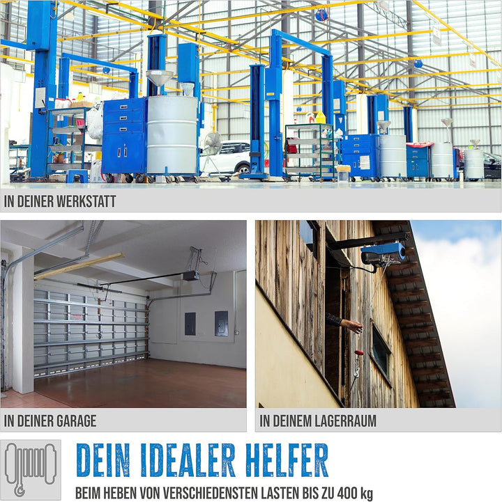 Güde 1716 Elektrischer Seilzug GSZ 200/400L (230 V, 750 W, 9 m langes Bedienkabel, idealer Helfer in