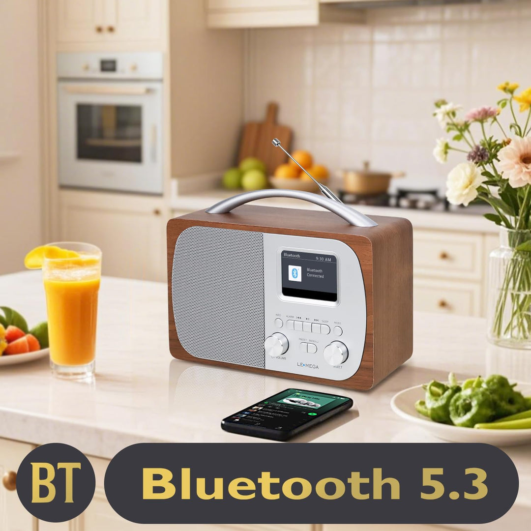 LEMEGA DR5 Tragbares DAB/DAB+ Digitalradio,Radio Holz mit Bluetooth 5.3,UKW-Radio für die Küche oder
