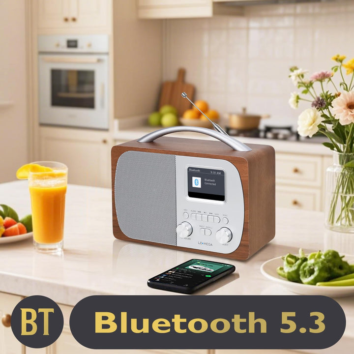 LEMEGA DR5 Tragbares DAB/DAB+ Digitalradio,Radio Holz mit Bluetooth 5.3,UKW-Radio für die Küche oder