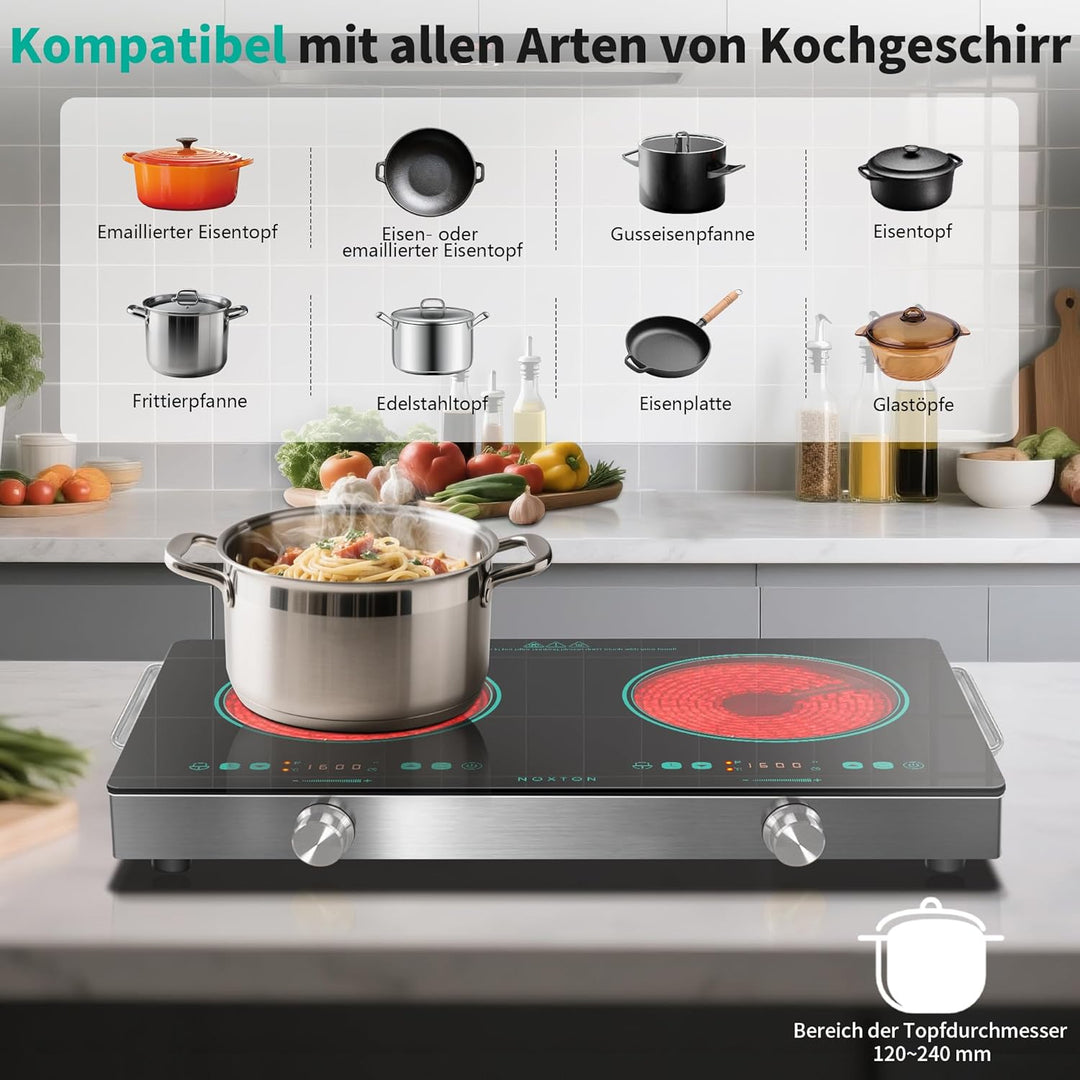 NOXTON Glaskeramikkochfeld 2 Platten Tragbar, Elektrische Herdplatte und Kochplatte Freistehend mit