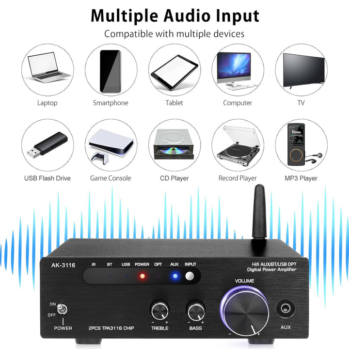 Bluetooth Verstärker 5.0 HiFi Stereo Verstärker Receiver 2.0-Kanal 2x100W TPA3116 Klasse D Mini Vers