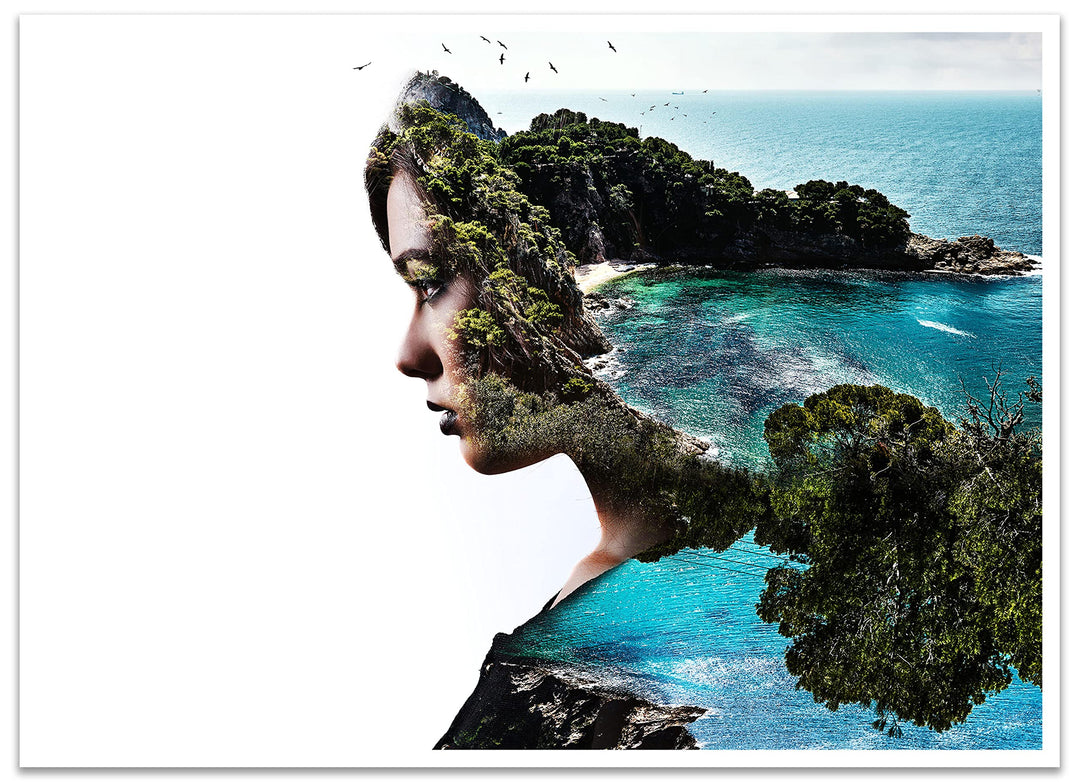 wandmotiv24 Poster als Wanddeko, Grösse 18x13cm, Kunst, Double Exposure, Frau, Insel, Meer, Art, Mod
