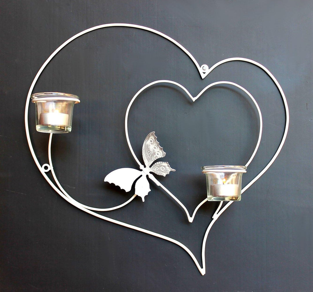 DanDiBo Wandteelichthalter Herz 39 cm Weiss Teelichthalter Metall Wandleuchter Kerze