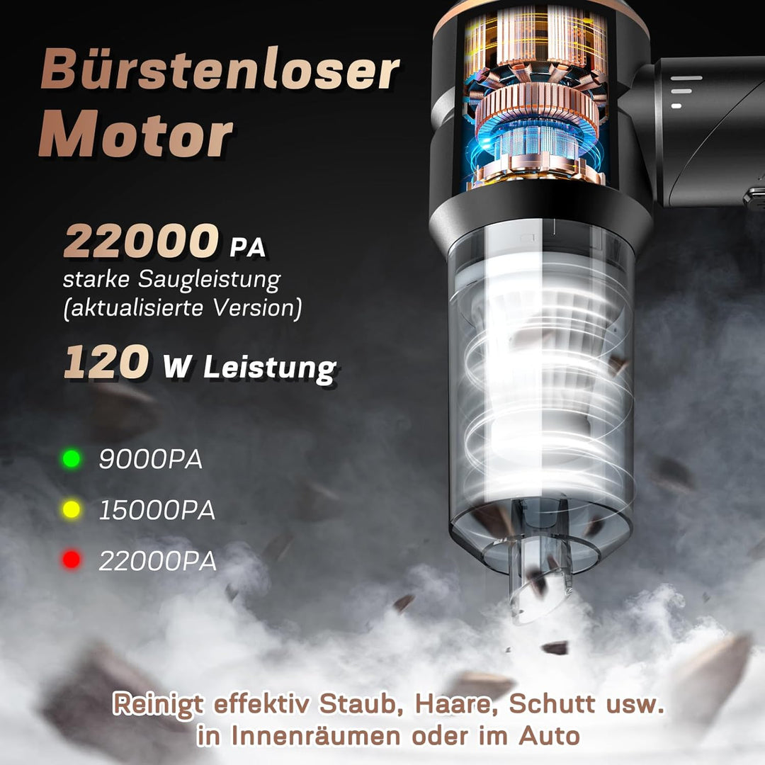 4-in-1 Handstaubsauger Akku,22000Pa Autostaubsauger mit Bürstenloser Motor,3-Gang 180000 U/min Hands