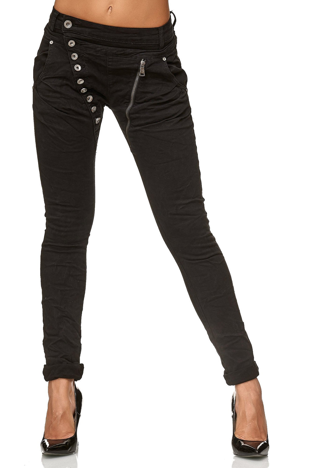 Elara Damen Jeans Boyfriend Knopfleiste Chunkyrayan 34 Slim Schwarz, 34 Slim Schwarz