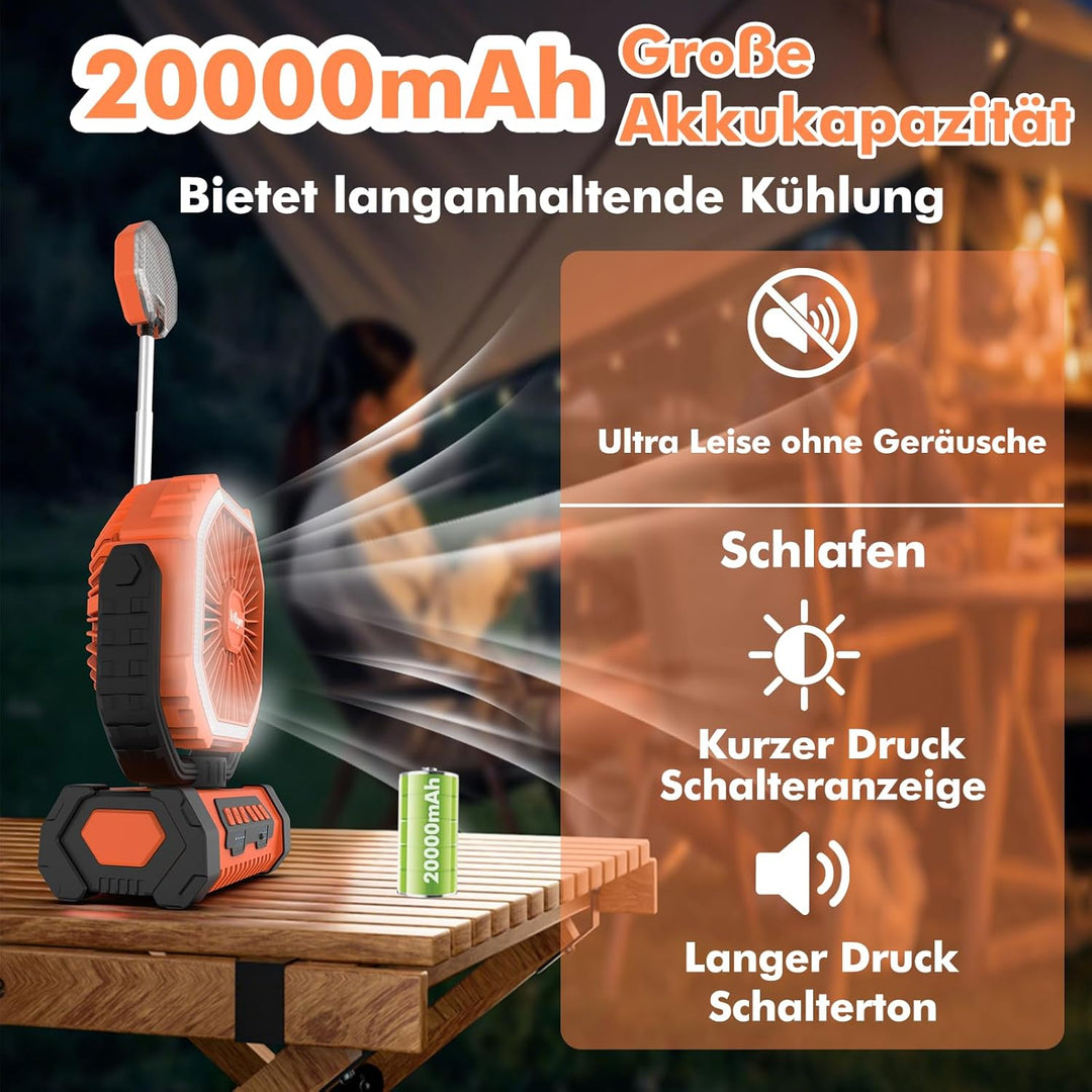 Outdoor Camping Ventilator mit Licht, 20000mAh Akku, wiederaufladbarer tragbarer Ventilator mit Fern