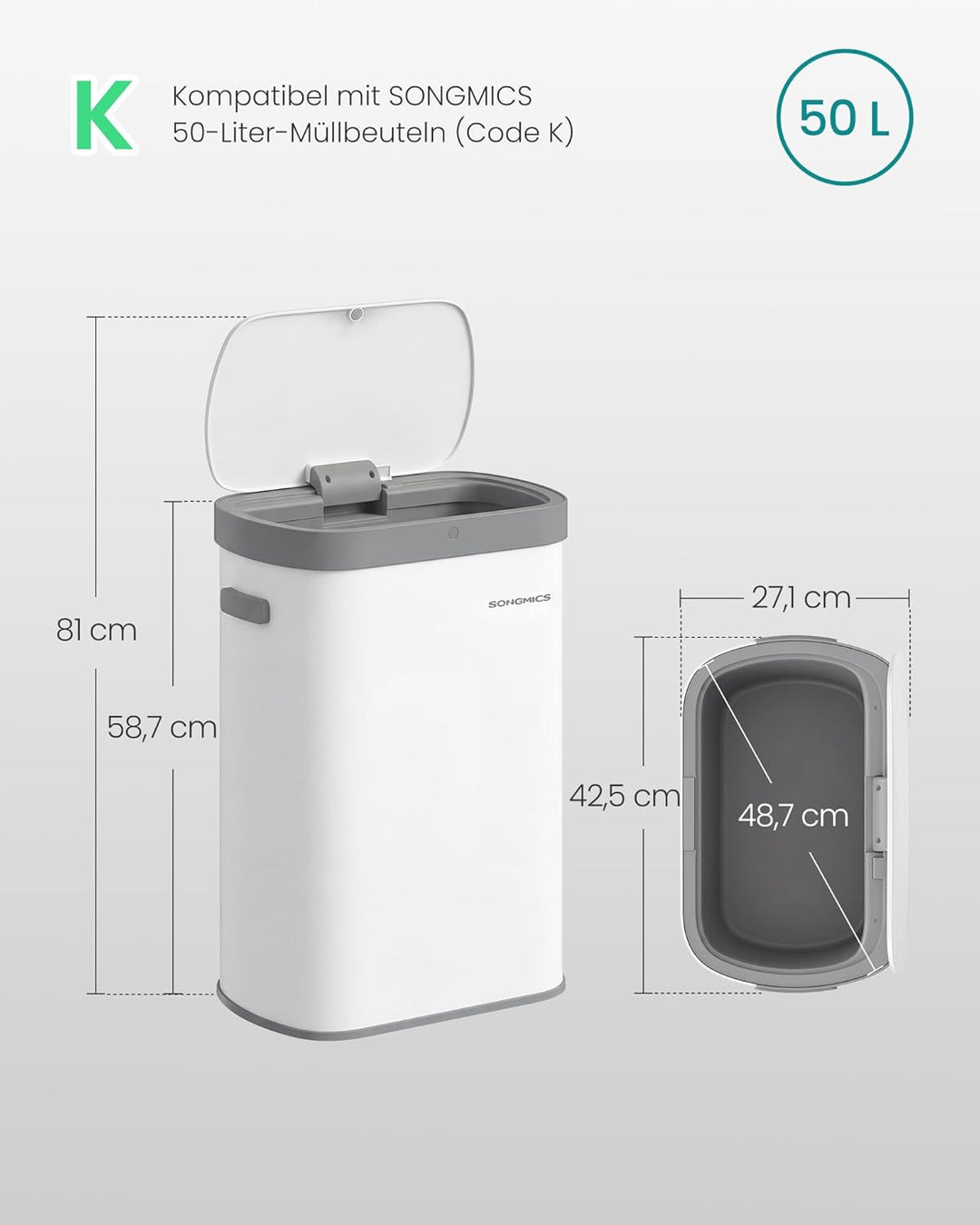 SONGMICS Mülleimer mit Sensor, automatischer Abfalleimer 50 L, Öffnen per Handbewegung oder Berühren