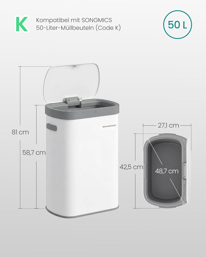 SONGMICS Mülleimer mit Sensor, automatischer Abfalleimer 50 L, Öffnen per Handbewegung oder Berühren