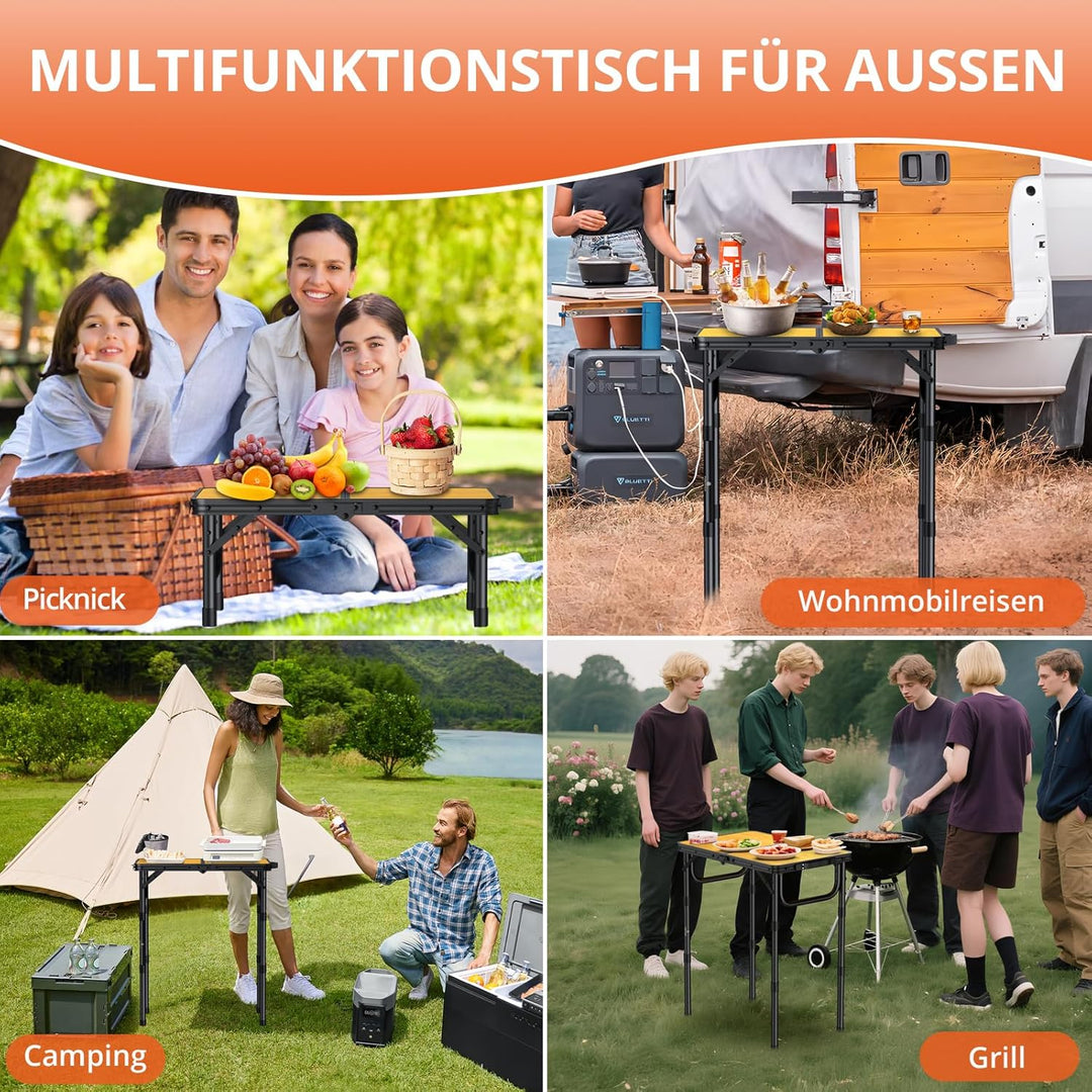 FUNYKICH Campingtisch Klapptisch 58x40cm, Faltbarer Grilltisch mit 3 Höhen Verstellbarer(26/48/70cm)