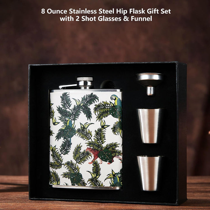 Luxuriöses 237 ml Edelstahl-Flachmann-Geschenkset mit 2 Schnapsgläsern und Trichter, lederbedruckter