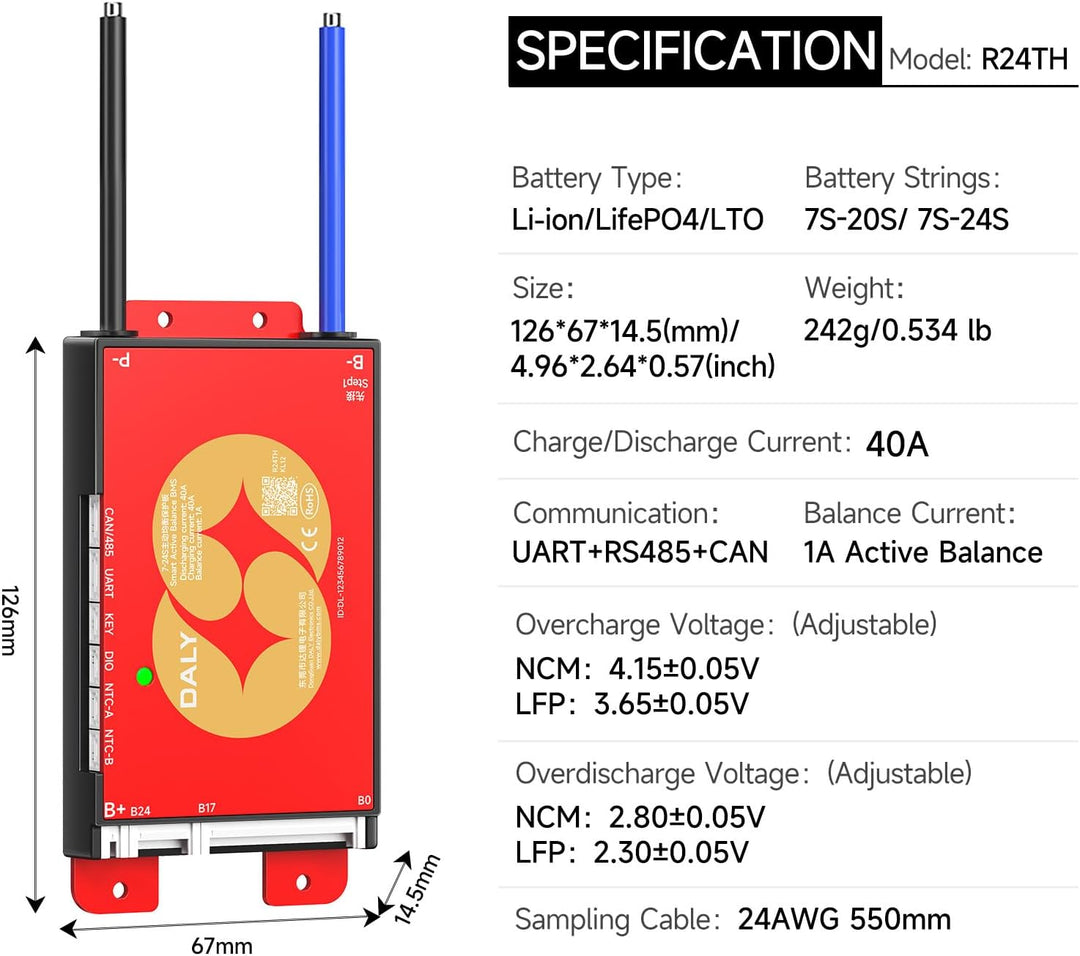 DALY BMS 24V–84V 40A mit 1A aktivem Balancing – Integriertes Bluetooth mit RS485 CAN, 7S–24S Li-Ion