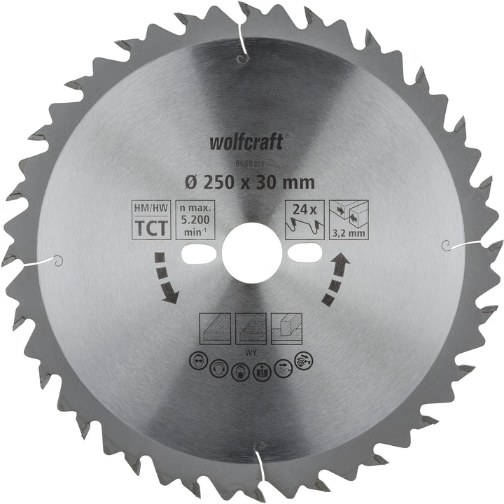 wolfcraft Tischkreissägeblätter Serie grün I 6660000 I Schnelle, mittelgrobe Schnitte ø250mm, ø250mm