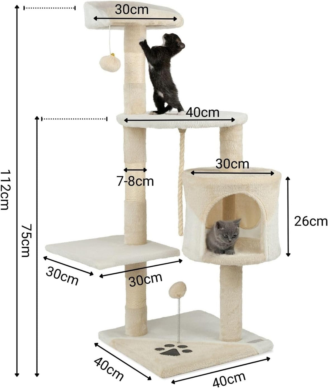 lionto Kratzbaum für Katzen mit 2 Plüschbällen & Spielseil, Höhe 112 cm, Katzenbaum mit Sisalseil &