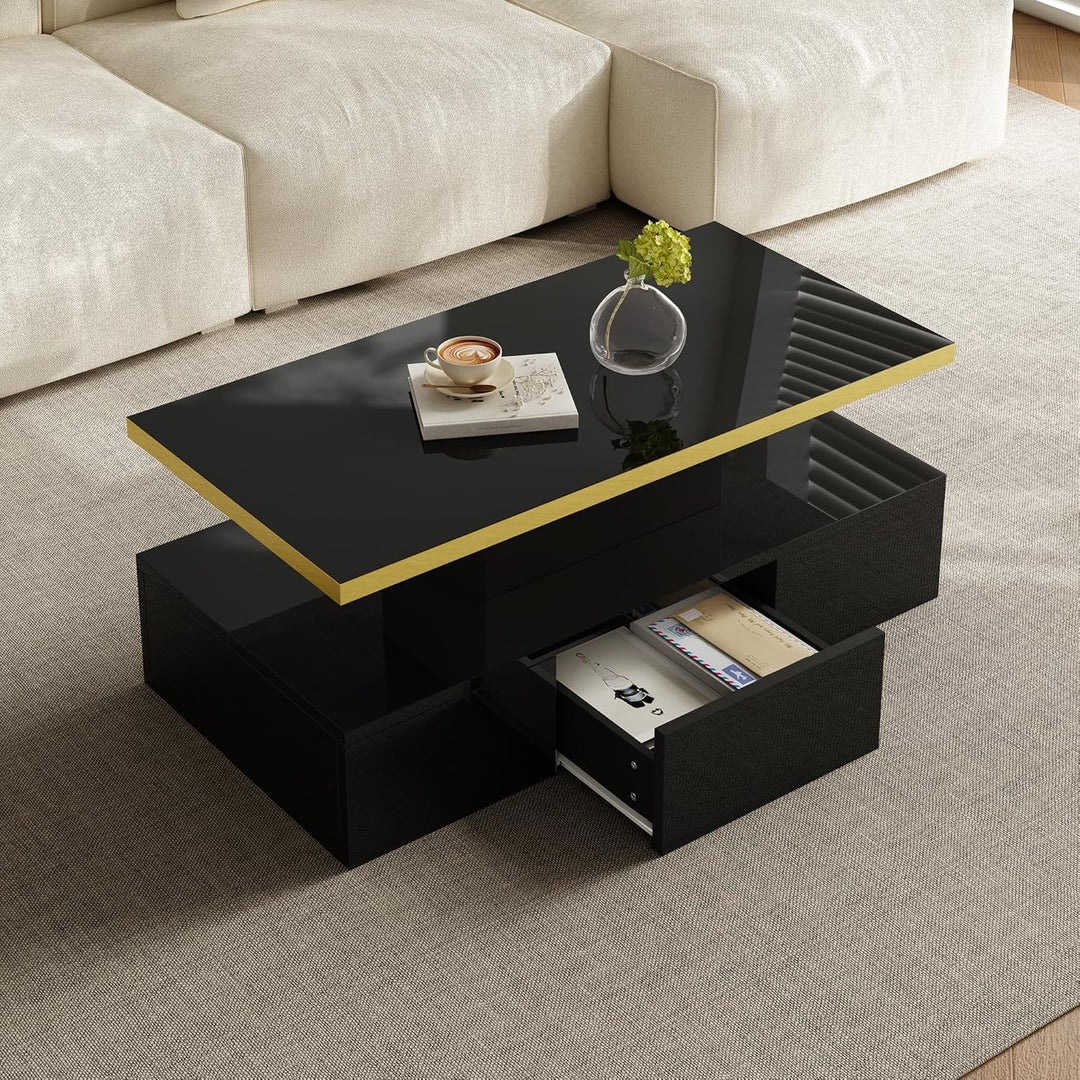 Merax LED Couchtisch Wohnzimmertisch mit Schubladen Hochglanz, Modern Beistelltisch Kaffeetisch mit