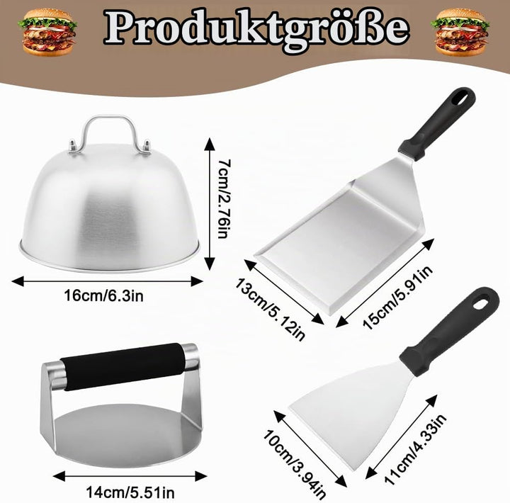 Burger Smasher Set, Edelstahl Burger Smasher Set, Professionelles Burger Smasher Set, 4-TLG mit 1x B