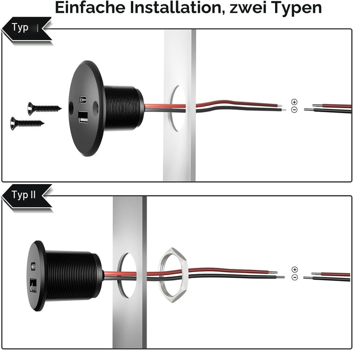 acegoo USB C Steckdose 12V Wohnmobil Ladegerät Vollaluminium, Typ C USB Anschluss PD3.0 QC3.0 KFZ Bu