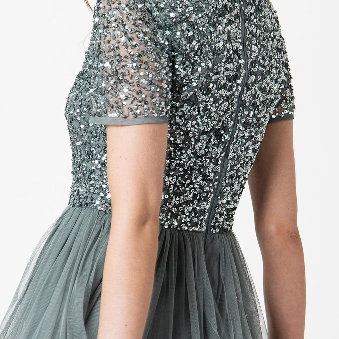 Maya Deluxe Damen Midi-Kleid mit V-Ausschnitt, Verziert Brautjungfernkleid Grün (Misty Green) 40, Gr