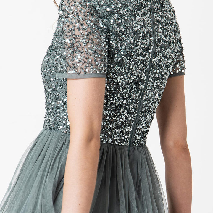 Maya Deluxe Damen Midi-Kleid mit V-Ausschnitt, Verziert Brautjungfernkleid Grün (Misty Green) 40, Gr