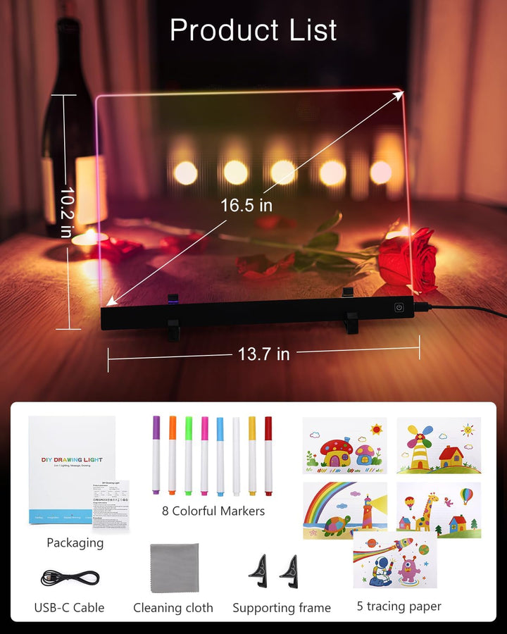 LED Zeichenbrett, ORIA Leuchtendes LED Zeichenbrett für Kinder, Neonlicht Maltafel Acry Notiztafel m