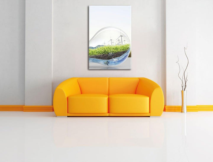 Pixxprint Glühbirne mit Pandabären und Ozean mit Leuchtturm, Format: 100x70 auf Leinwand, 100x70