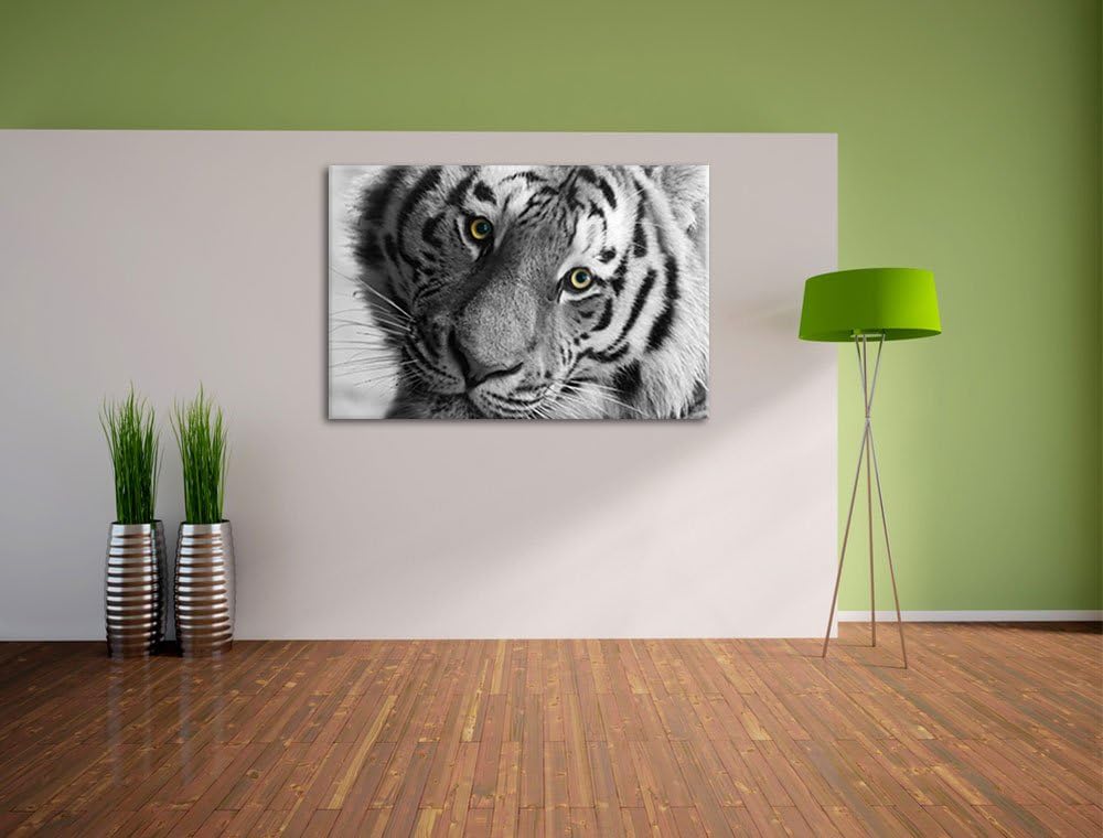 Pixxprint bildschöner Tiger schwarz/weiss auf Leinwand, XXL riesige Bilder fertig gerahmt mit Keilra