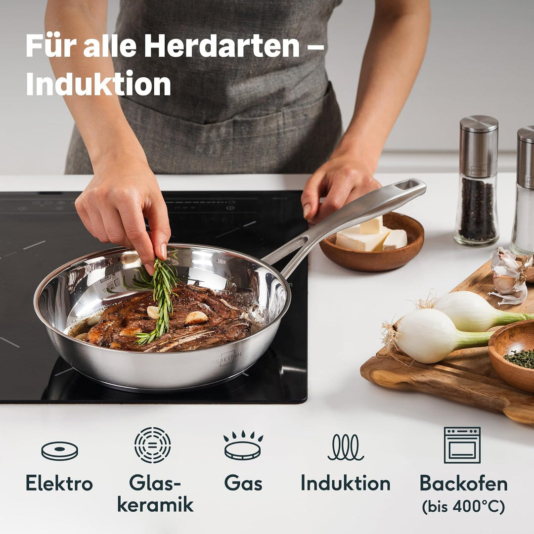 SILBERTHAL Pfannen Set 2 teilig - Edelstahlpfanne Unbeschichtet &amp; Beschichtet - 24 cm und 28 cm - In