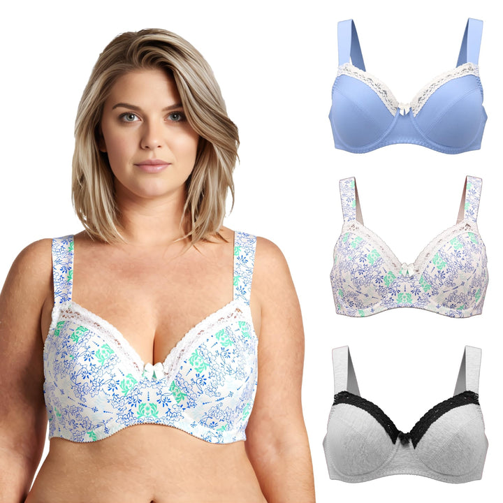 Curve Muse Damen-BH, ungefüttert, Balconette, Baumwolle, Spitze, Übergrösse, 2er- oder 3er-Pack 75D